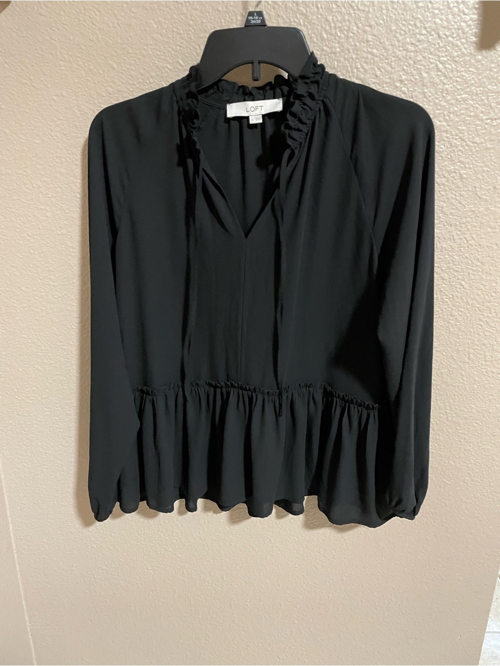 LOFT Black Ruffle-Neck Long Sleeve Peplum Blouse